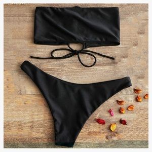 Black lace up bandeau bikini set